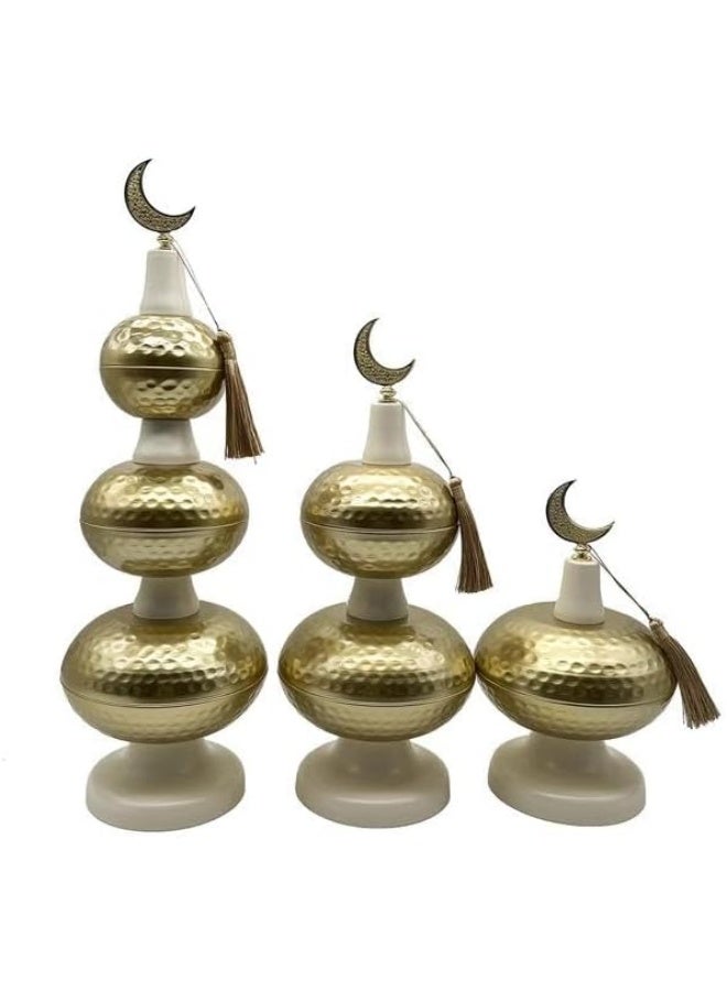 Mado Gallery Set of 3 Ivory  Hammered Dome Dessert & Dates Stand with Moon – Multi-Tiered Ramadan & Eid Table Decor - Image 3